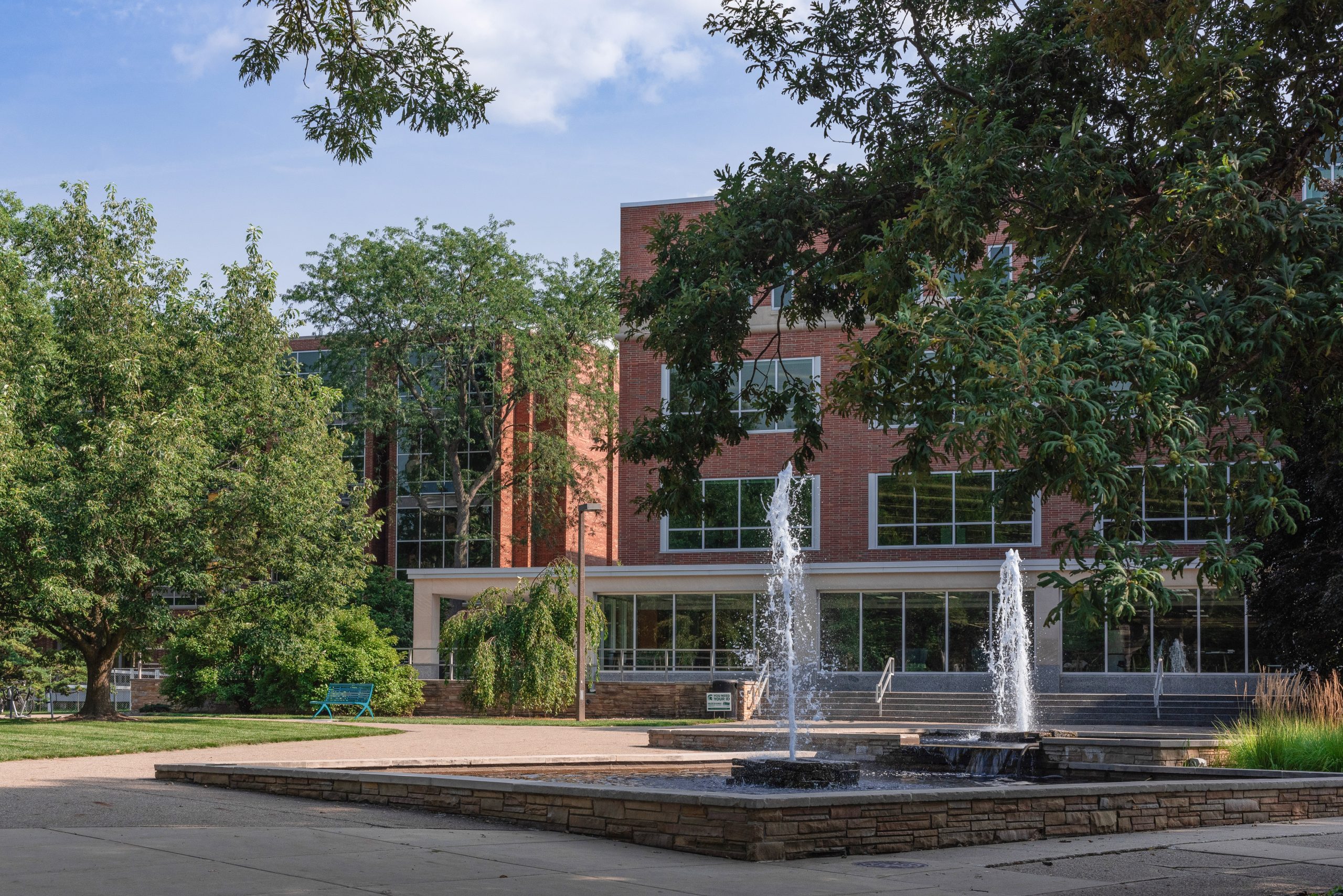 Michigan State Library exterior with fountain in foreground